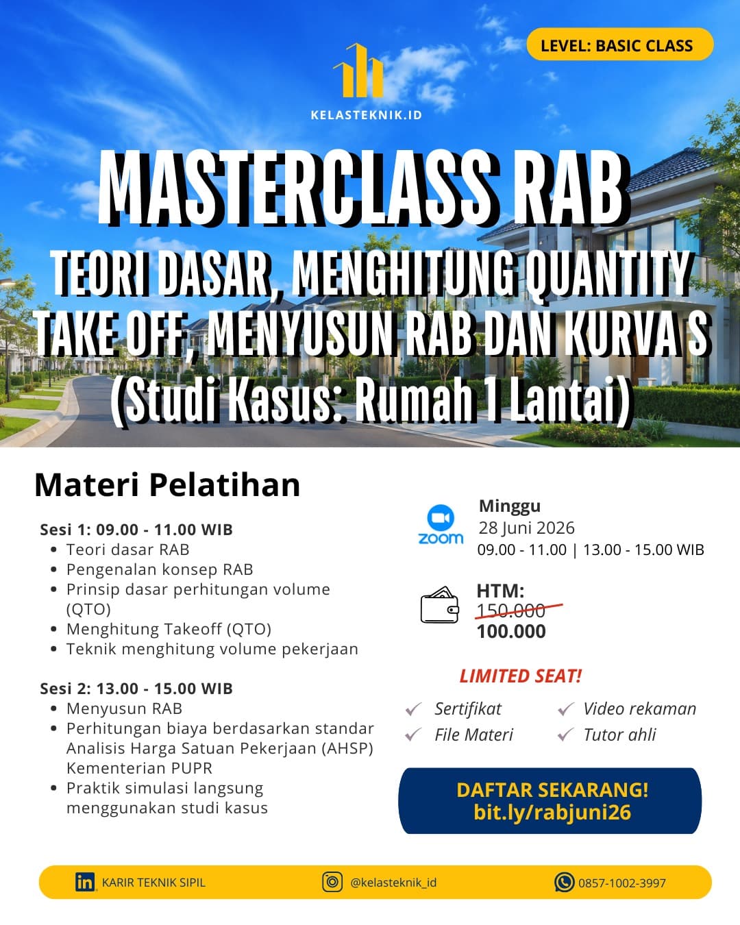 Rekaman training Rekaman — Masterclass RAB: Teori Dasar, Menghitung Quantity Take Off, Menyusun RAB dan Kurva S (Studi Kasus: Rumah 1 Lantai)